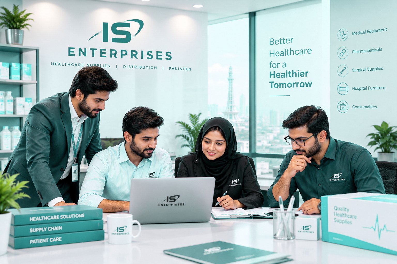 The I.S Enterprises team reviewing healthcare supply requirements at the office